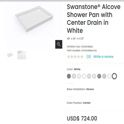 Swan FF034 Shower Base Pan 34x48 in Center Drain Solid Surface White - Thumbnail 4